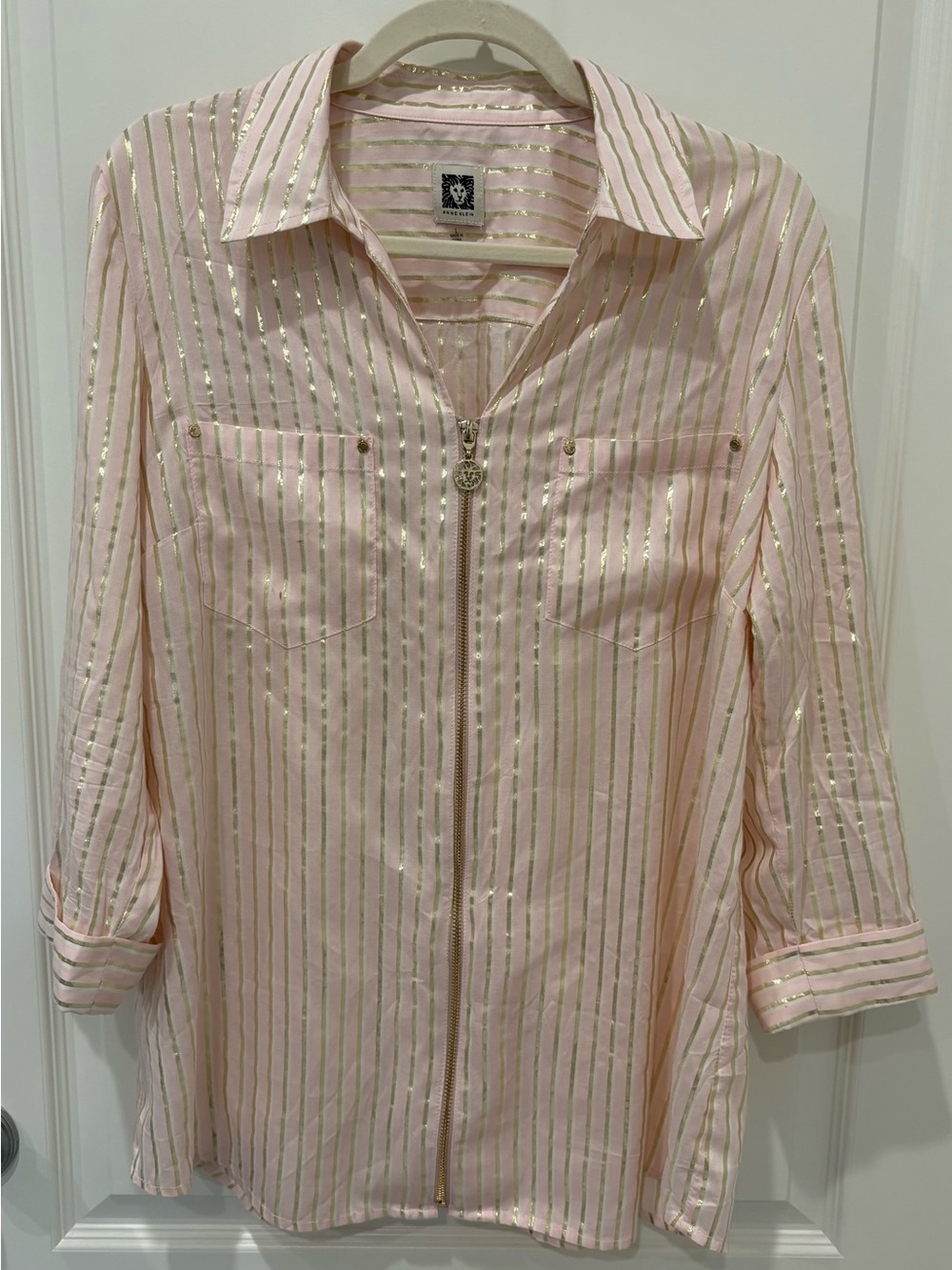 Anne Klein Pink & Gold Metallic Pinstripe Half-Zip Blouse L